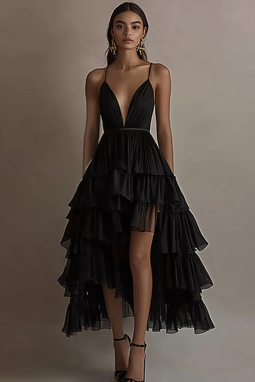 Black A Line Ruffled V-Neck Tiered High-Low Formal Dress